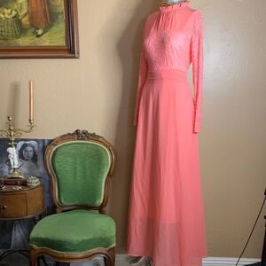 Vintage 1960's Elegant Coral Long Sleeve Lace Dress.  SZ M
